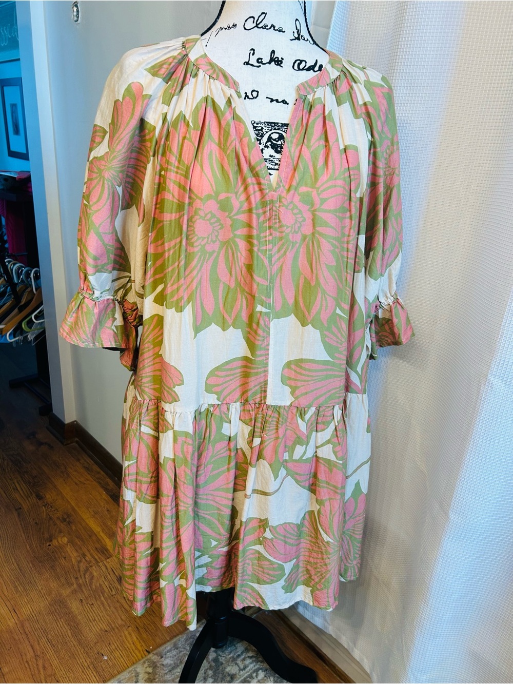 Velvet by Graham & Spencer Tunic Dress in Pink & Olive Green, Lined, Pockets Med